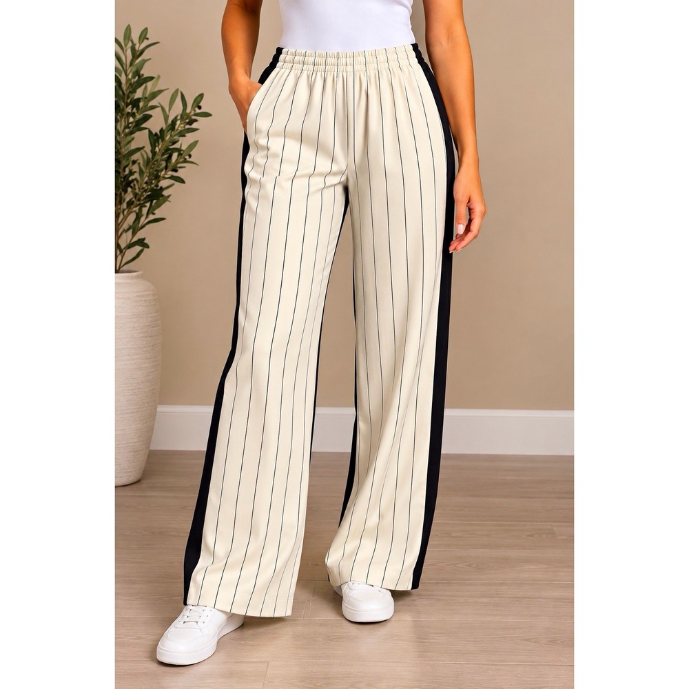 Tory Burch Rowing Stripe Pants Women's 12 Wide Leg Pull-On Black Ivory